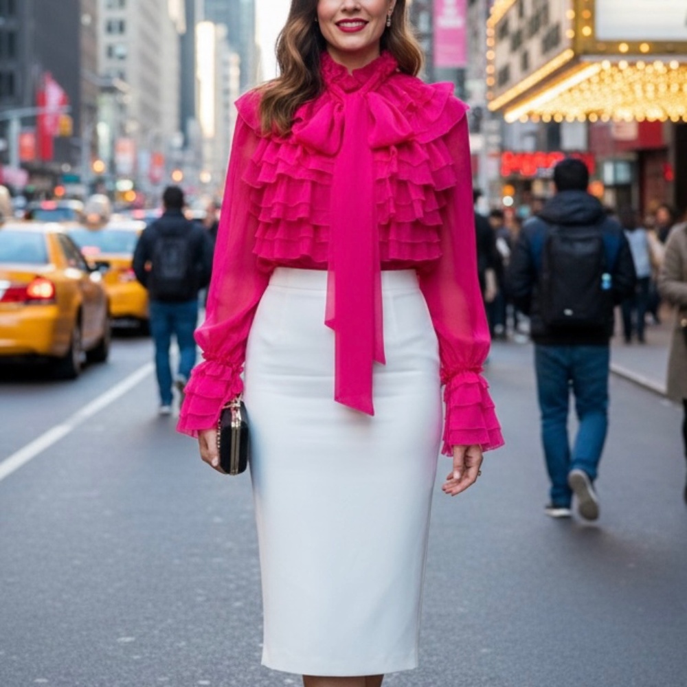 #A125   FOR HER NYC  Barbiecore Hot Pink Ruffle Organza Romantic Blouse NWT M - Picture 3 of 12